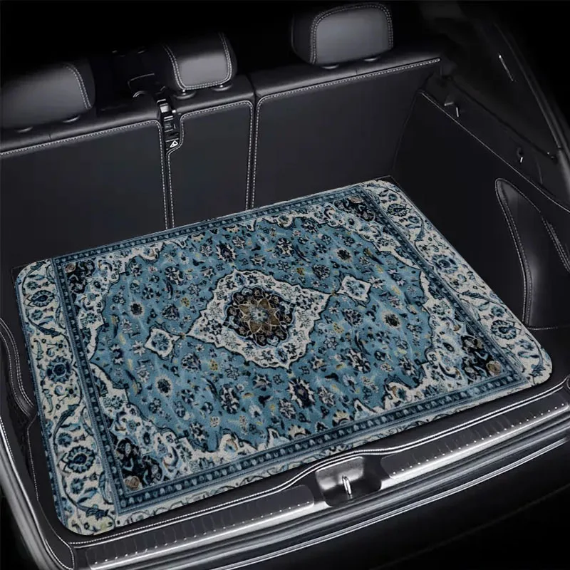 1pc Blue Bohemian Style Printed Trunk Mat - Durable Polyester Floor Liner, Secure Cargo Storage, Car Trunk Mat