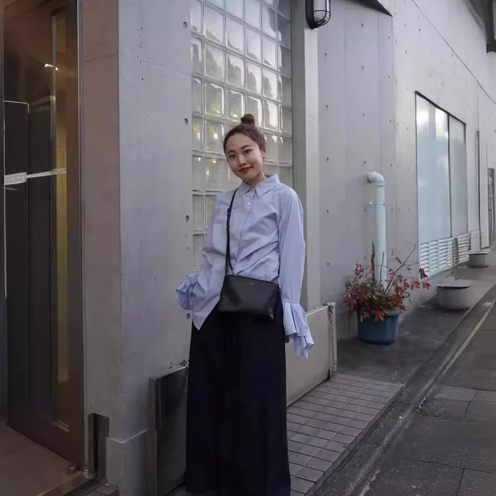 

Gagarich Spring Summer New Japanese Style Simple Security Collar Lotus Leaf Sleeves Loose Comfortable Blouse Women