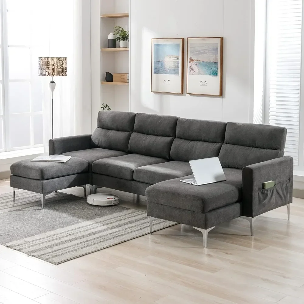 4 Seat U-Shaped Sofa Set for Living Room, Fabric Convertible Modular Sofa Sleeper with Double Chaise,Comfortable Backrest