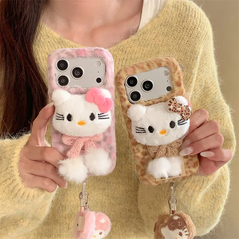 

Fashion Warm Plush Leopard Print 3D Hellokitty Phone Case For iPhone 17 Pro 16 15 14 Pro Max Cover with Hand Strap Cartoon Cases