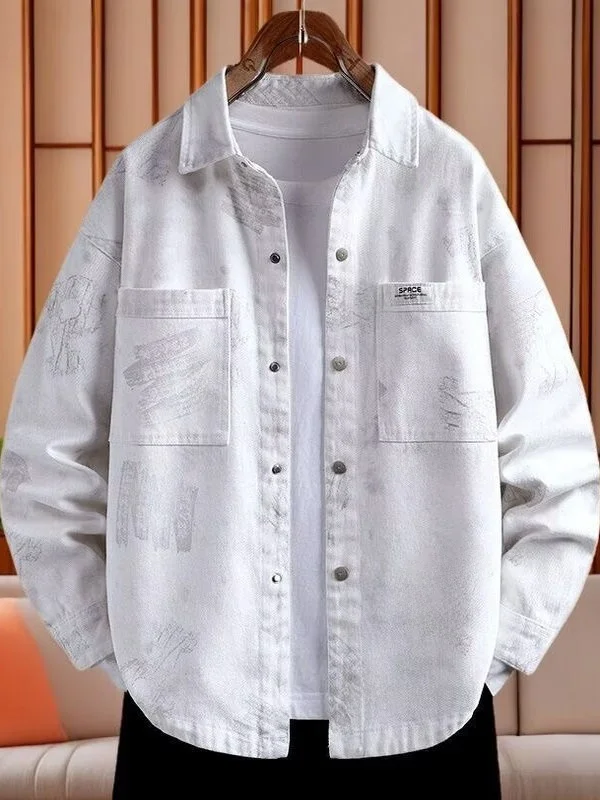 

Casual Men's Denim irt Jaet Spring Autumn New Loose Faionable Youthful Printed Wear Resistant Long Sve Outerwear