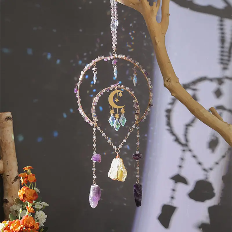 

Amethyst Crystals Suncatcher Hanging Moon Sun Catcher Glass Prisms for Windows Healing Pink Crystal Home Decor Women Gifts