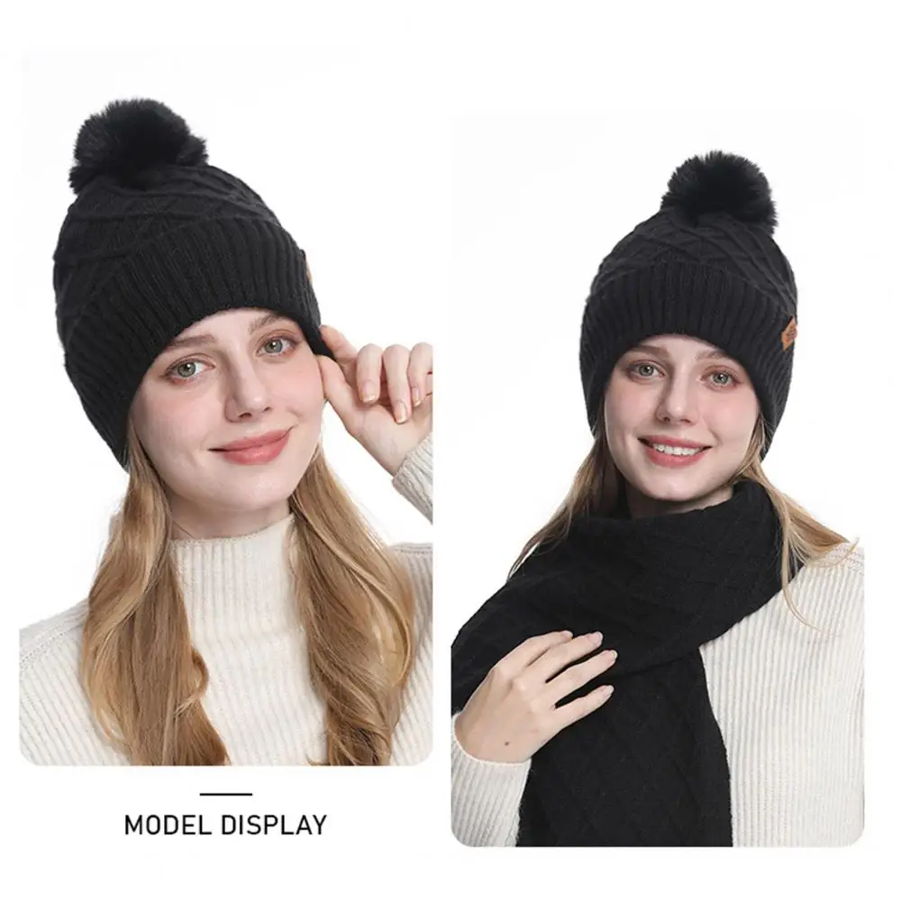 Winter Warm Knitted Long Scarf Double-layer Beanie Winter Hat Scarf Gloves Set for Women Plush Ball Decor Beanie for Weather