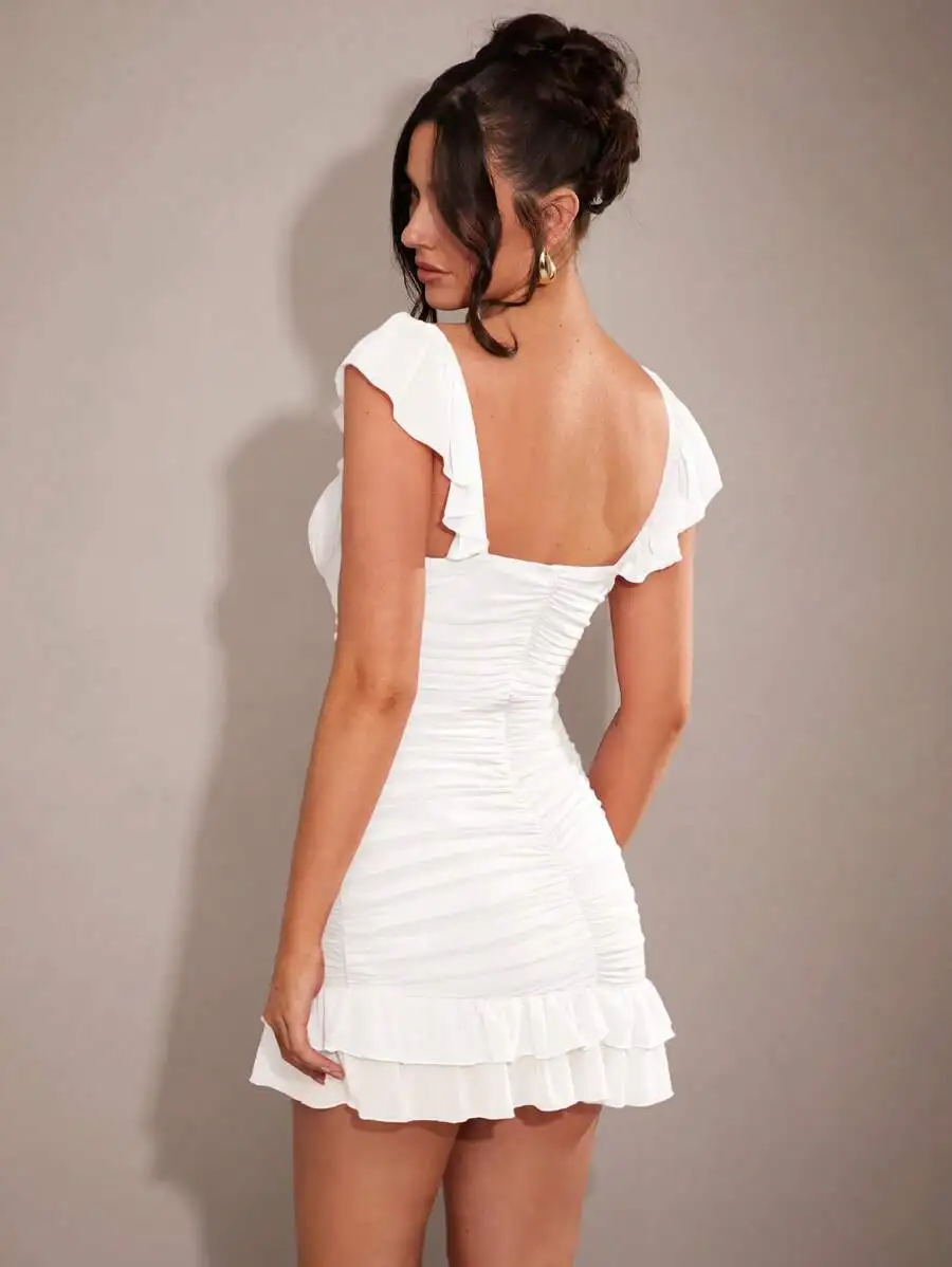 

White Solid Ruffle Cap Sleeve Fitted Mini Dress For Parties Romantic Dates Bridesmaids