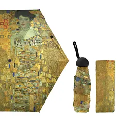 Gold Gustav Klimt Art Painting Small Pocket Mini Umbrella Ultra Light Five Folding Women's Rain Umbrella Parasol Outdoor Travel