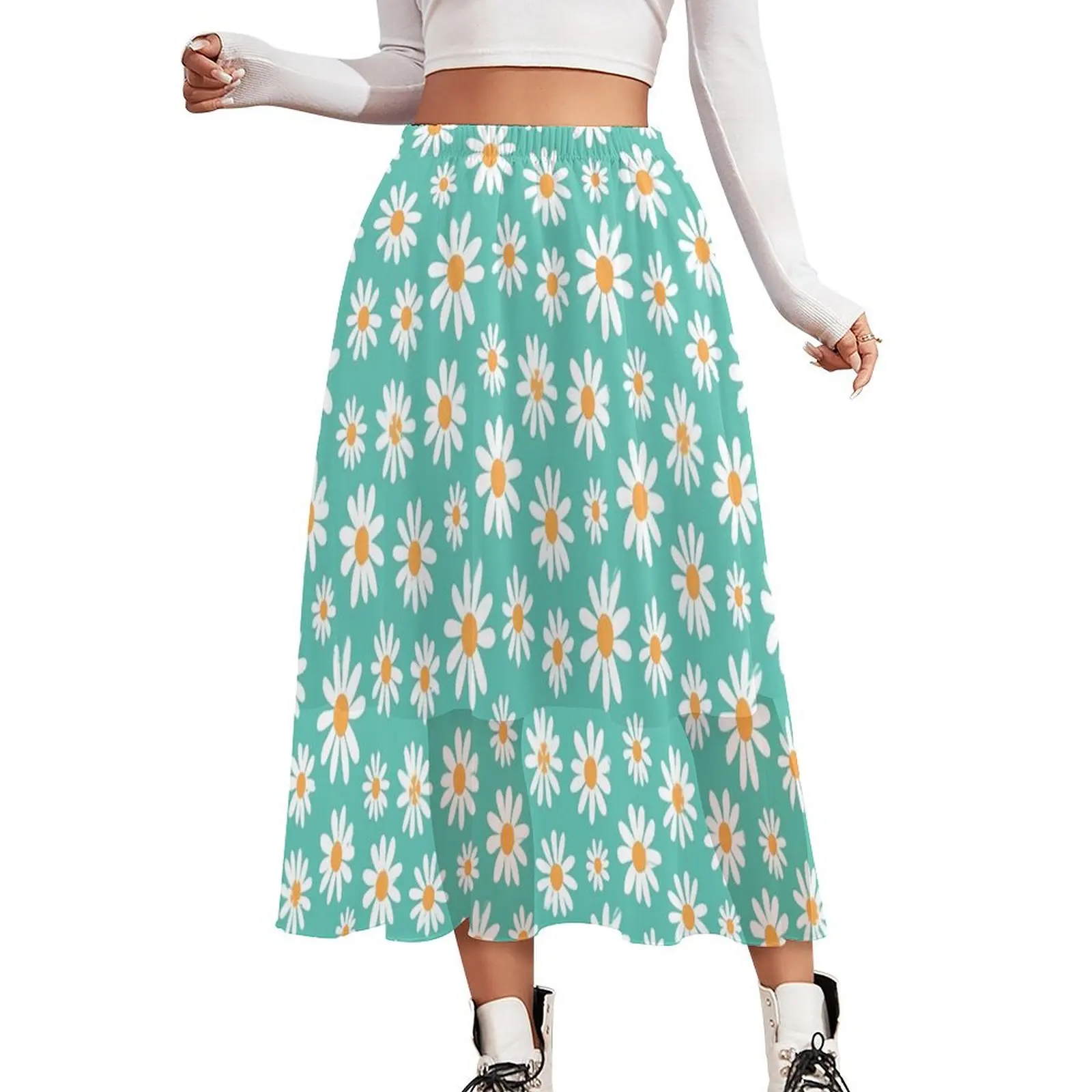 

White Retro Flower Skirt Woman Daisies Floral Vintage Long Skirts Printed High Waist Korean Fashion Casual Skirt 2XL 3XL 4XL