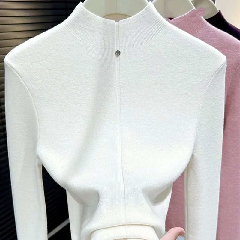 

Sueter Feminino New Long Sleeve White Knitted Sweater Women Pullovers Mock Neck Knit Sweater Pullover Women Tops Knitwears Q2195