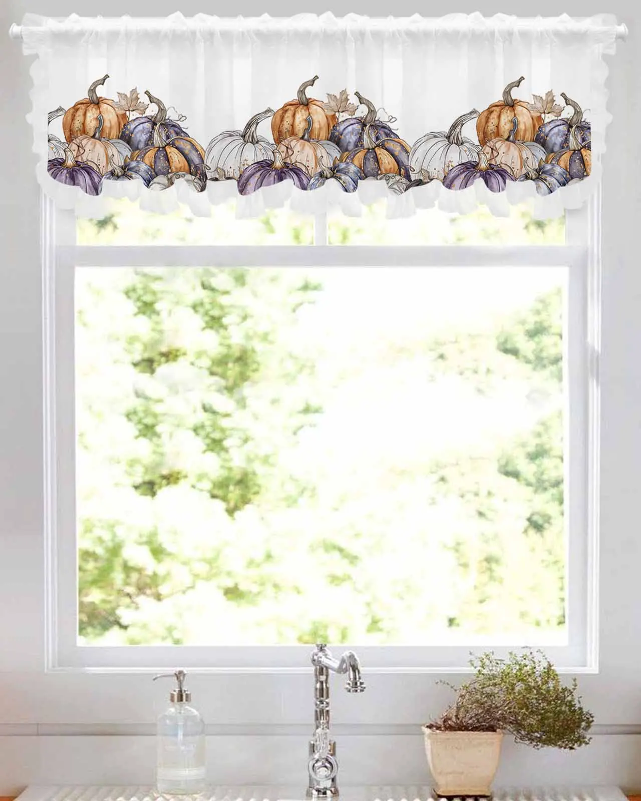 

Fall Thanksgiving Pumpkin Short Tulle Half Curtains for Living Room Kitchen Door Cafe Window Sheer Valance Drapes