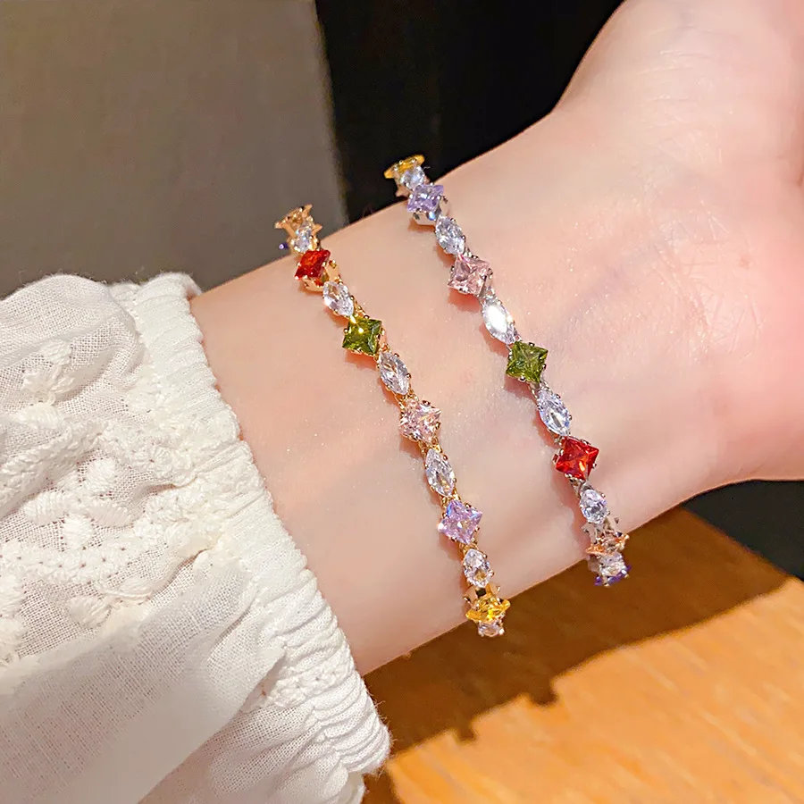 

Premium Quality Colorful Cubic Zirconia Slider Bracelet - Diamond-Cut Teardrop Quiet Luxury Accessory