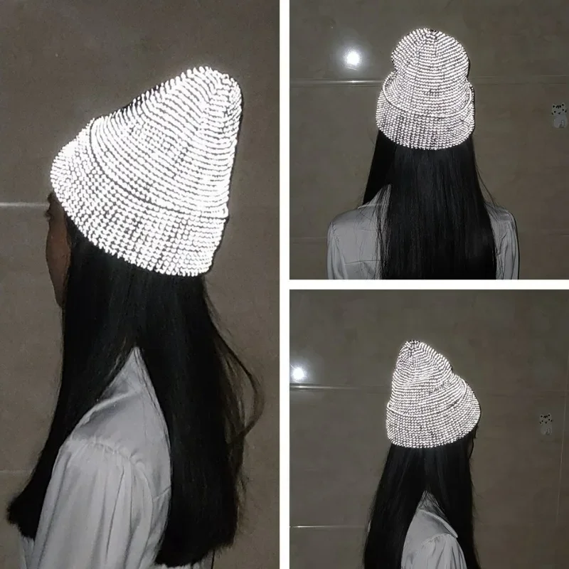 Unisex Reflective Beanie Hats Warm Autumn Winter Y2k Knit Street Skullies Cap Fashion Night Running Ear Protection Pullover Caps