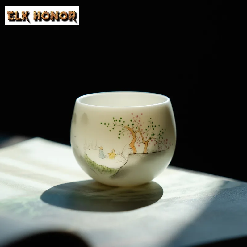 100ml Mutton Fat Jade Porcelain Master Cup Zen Ceramic Landscape Tea Cup Tasting Mug Ancient Jug Meditation Cup Tableware Gifts