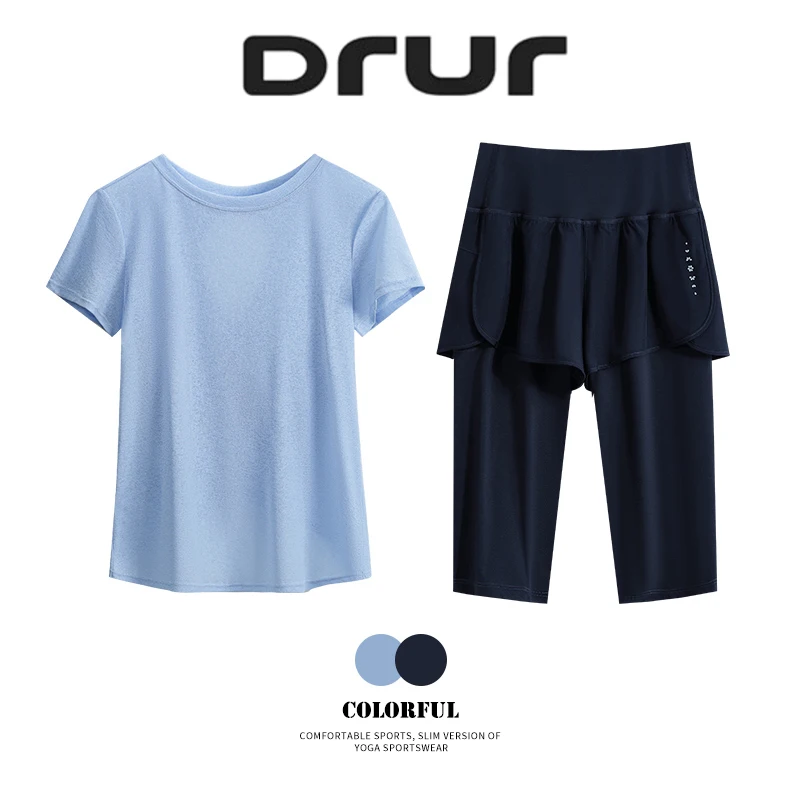 DRUR 2 Piece Women Yoga Pocket Shorts Set Tracksuit Quick-Drying Elastic 2 In 1 High Waist Leggings Sets Fitness Backless Top