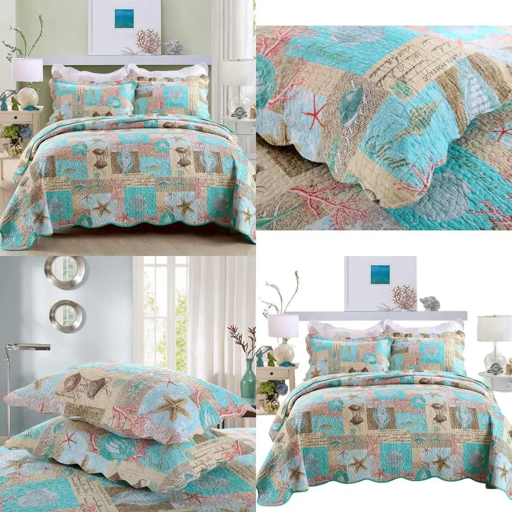 

Комплект хлопковых одеял размера «queen-size» — двустороннее стеганое покрывало с узором морской звезды и коралловой ракушки с подушками Шамс для нового использования