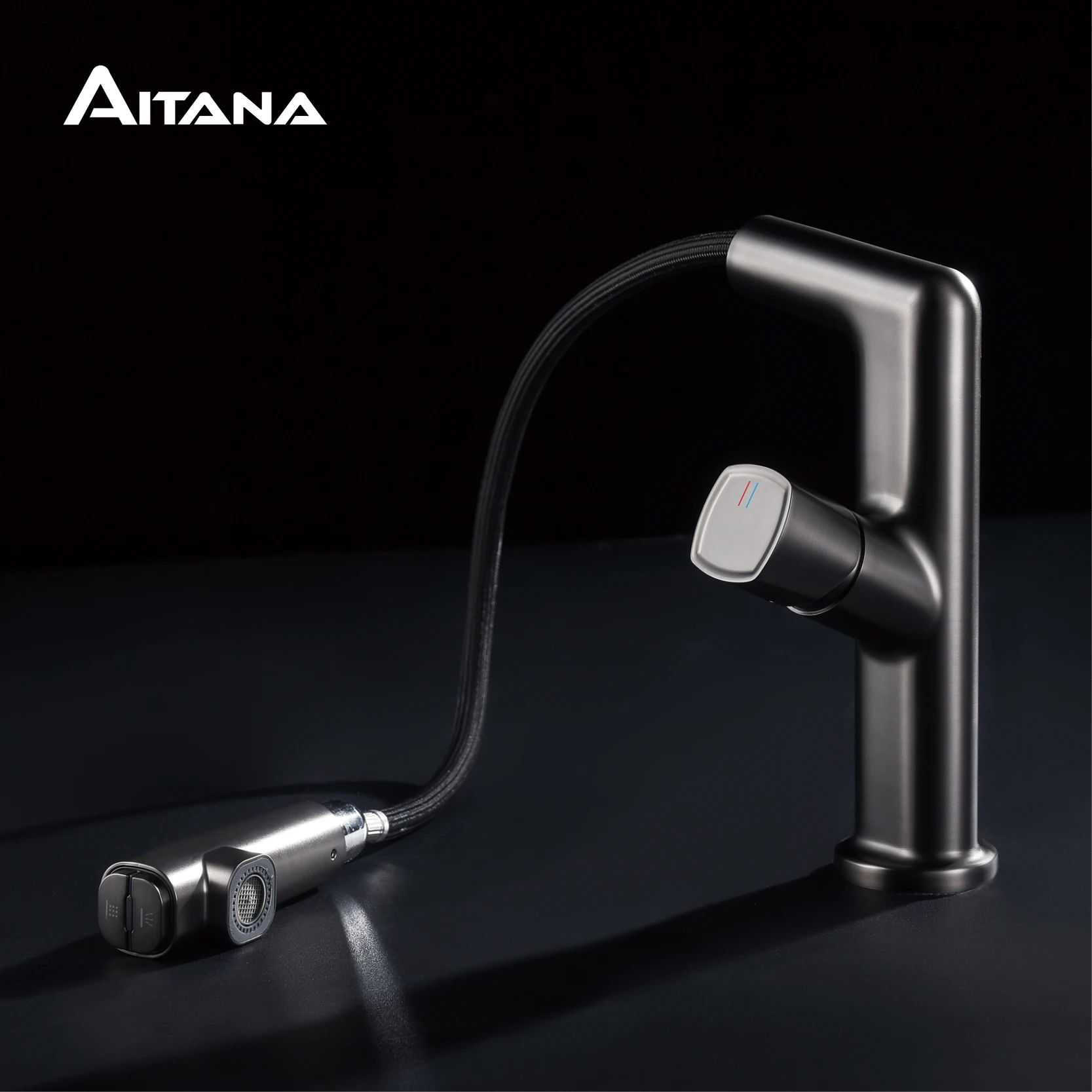 Imagem -03 - Torneira de Lavatório de Banheiro com Alça Única Arma Moderna Cinza Controle Duplo Frio e Quente Alça Dupla Design de Puxar