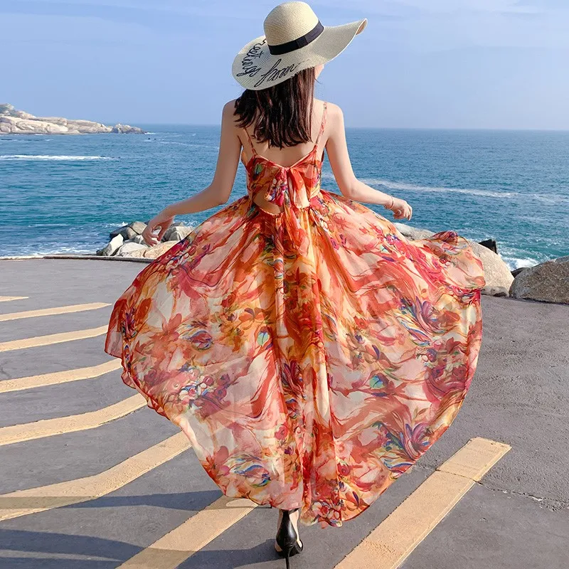 Backless Lacing Chiffon Dress Travel Irregular Dovetail Elegant Long Seaside Vacation Beach