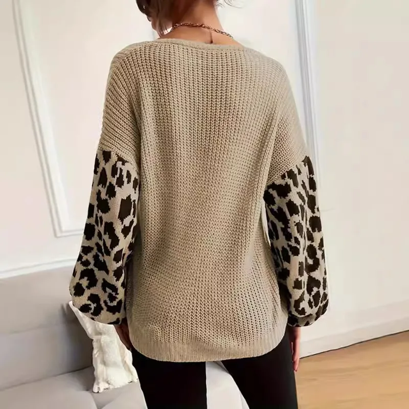 Autumn and Winter New Women's V-neck Sweater Loose Lazy Leopard Pattern Splicing Knitted Sweater Loose Casual Knitted Top