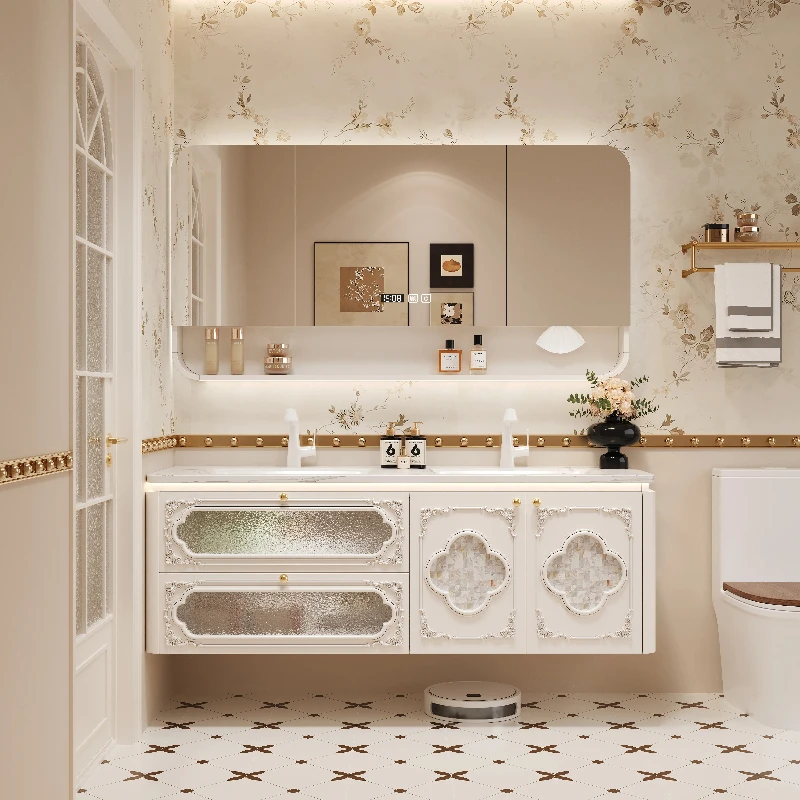 Vintage French Style Solid Wood Bath Vanity Double Wash Basin Set with Heat-Bent Stone Top & Open Storage Mirror Cabinet