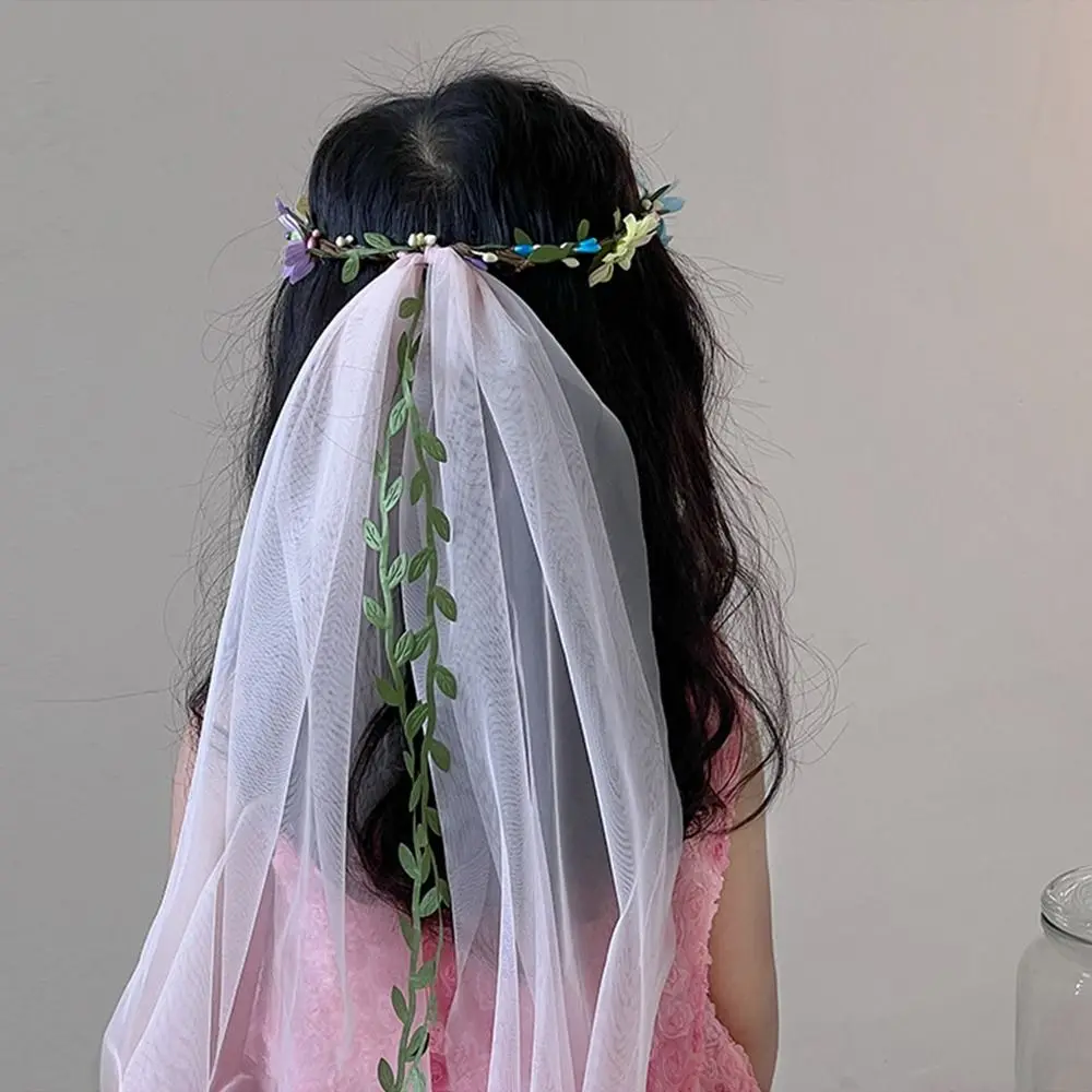 

White Flower Girls Bow Garland Veils Children Wedding Tulle Wreath Photography Party Princess Headwear for Kids