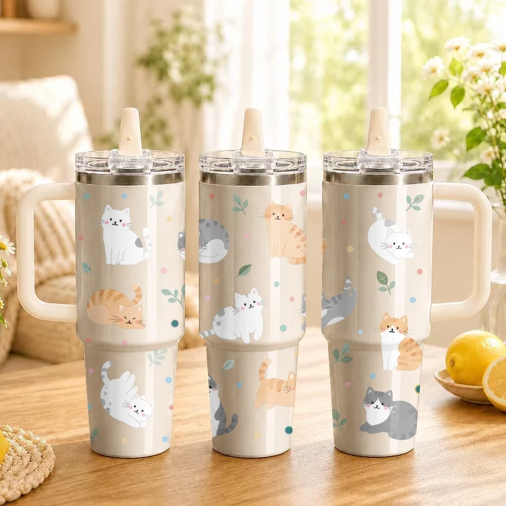 Kawai Cartoon Cat Vacuum Flasks 40oz Thermal Tumbler With Handle Stainless Steel Vacuum Insulated Water Portable Mug Cup