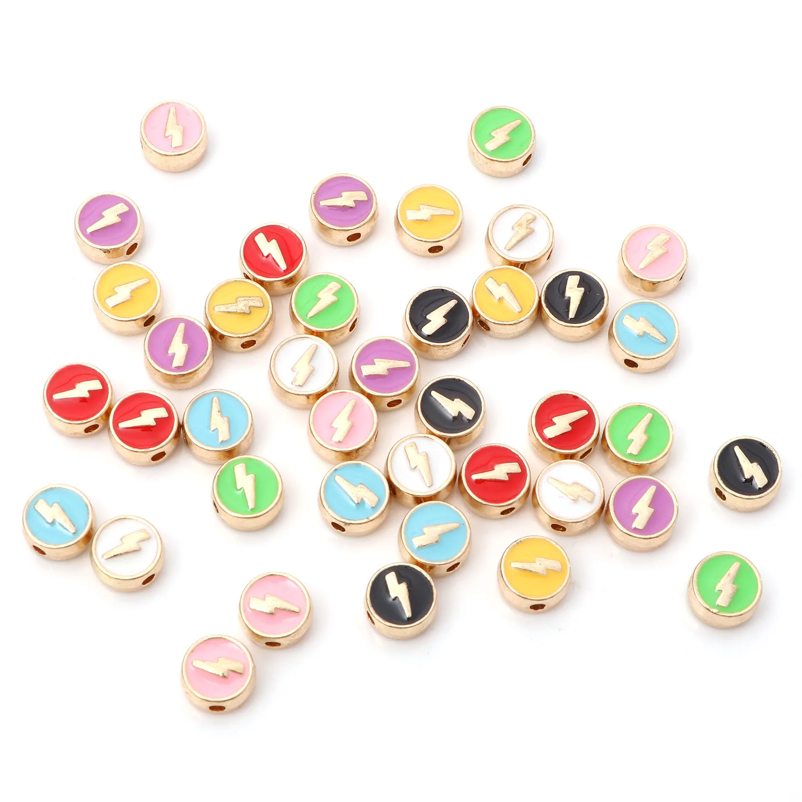 8mm Weather Spacer Beads Multicolor Enamel Flat Round Lightning Gold Color Metal Loose Beads DIY Necklace Jewelry Making,10PCs