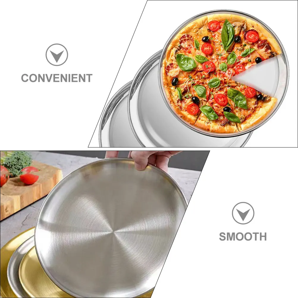 

5pcs 20cm Silver Stainless Steel Pizza Plates Reusable Food Tray Easy Clean Kitchen Accessories Multi Function Serving