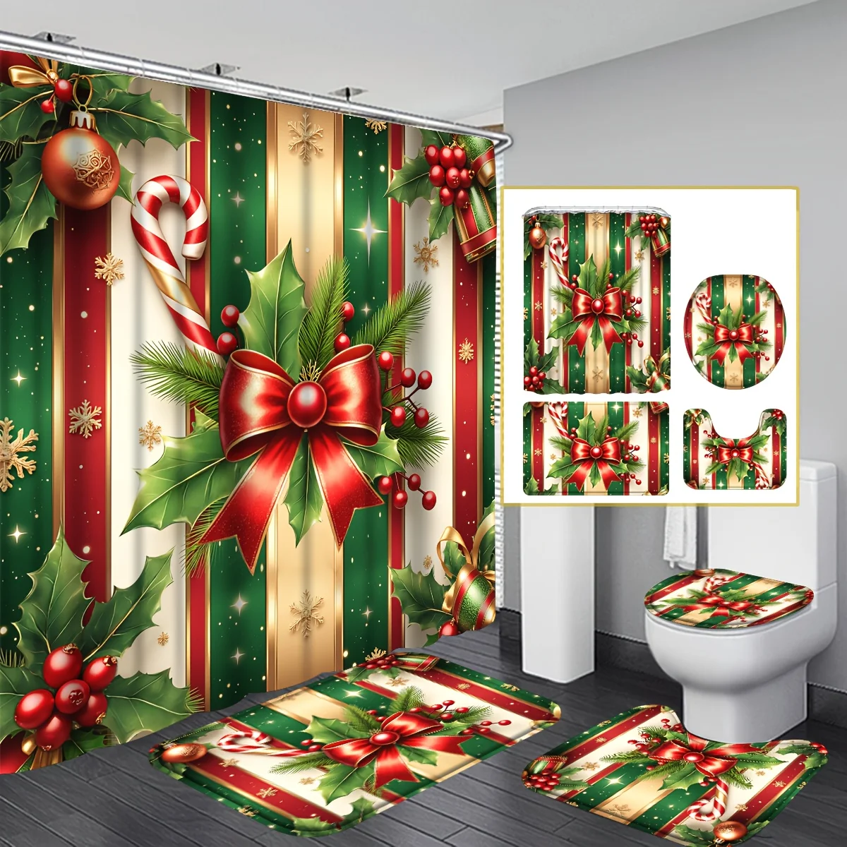 4Pcs Christmas Holly Berry Shower Curtain Set, Red Green Striped Bathroom Decor with Non-slip Mat & Toilet Lid Pad, Xmas Gift