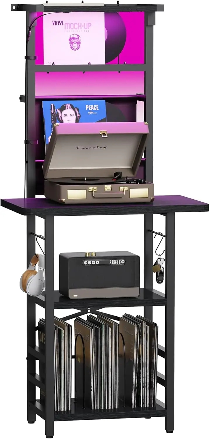 LED Light Turntable Stand with Vinyl Storage, Record Holder Display Shelf for Music Studio, Black