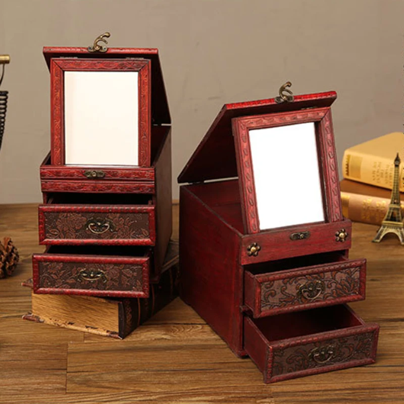 Retro Dressing Box Chinese Classical Wooden Jewelry Storage Antique Court Jewelry Box With Mirror Creative Wedding Gift Box