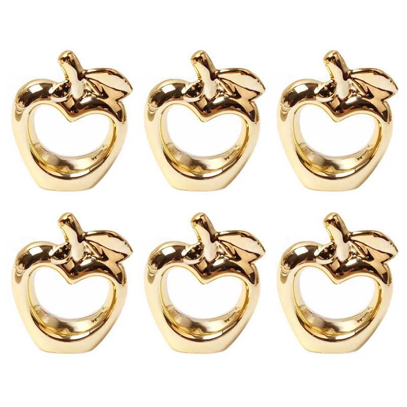 6Pcs Apple Napkin Rings, Metal Plated Apple Vintage Napkin Ring Buckle Holder for Dining Table Decoration,(Gold)