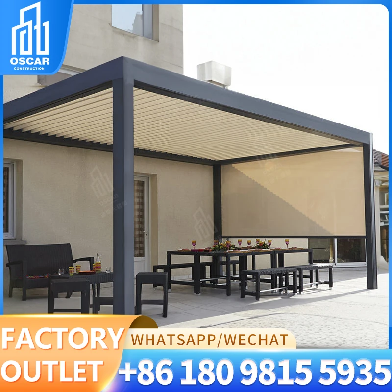 Sliding Glass Door Automatic Electric Pergola Gazebo With Adjustable Louvre Roof