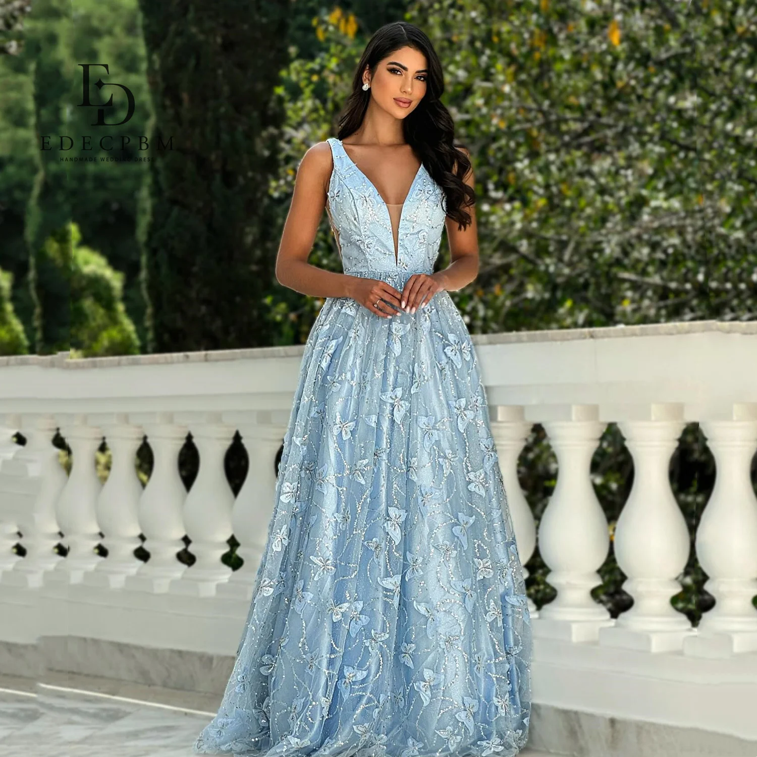 

EDECPBM فساتين سهرة Prom Dresses 2025 Woman Evening Dresses for Special Occasions Wedding Dress Light Blue Customized Butterfly