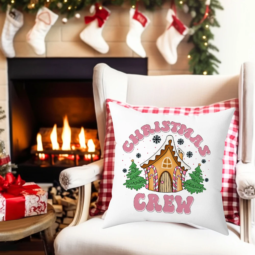 Christmas Crew Pink Series Print  Pillow Case Xmas Winter Party Decor Home Cushion Cover Christmas Pillowcase Gift for Friends