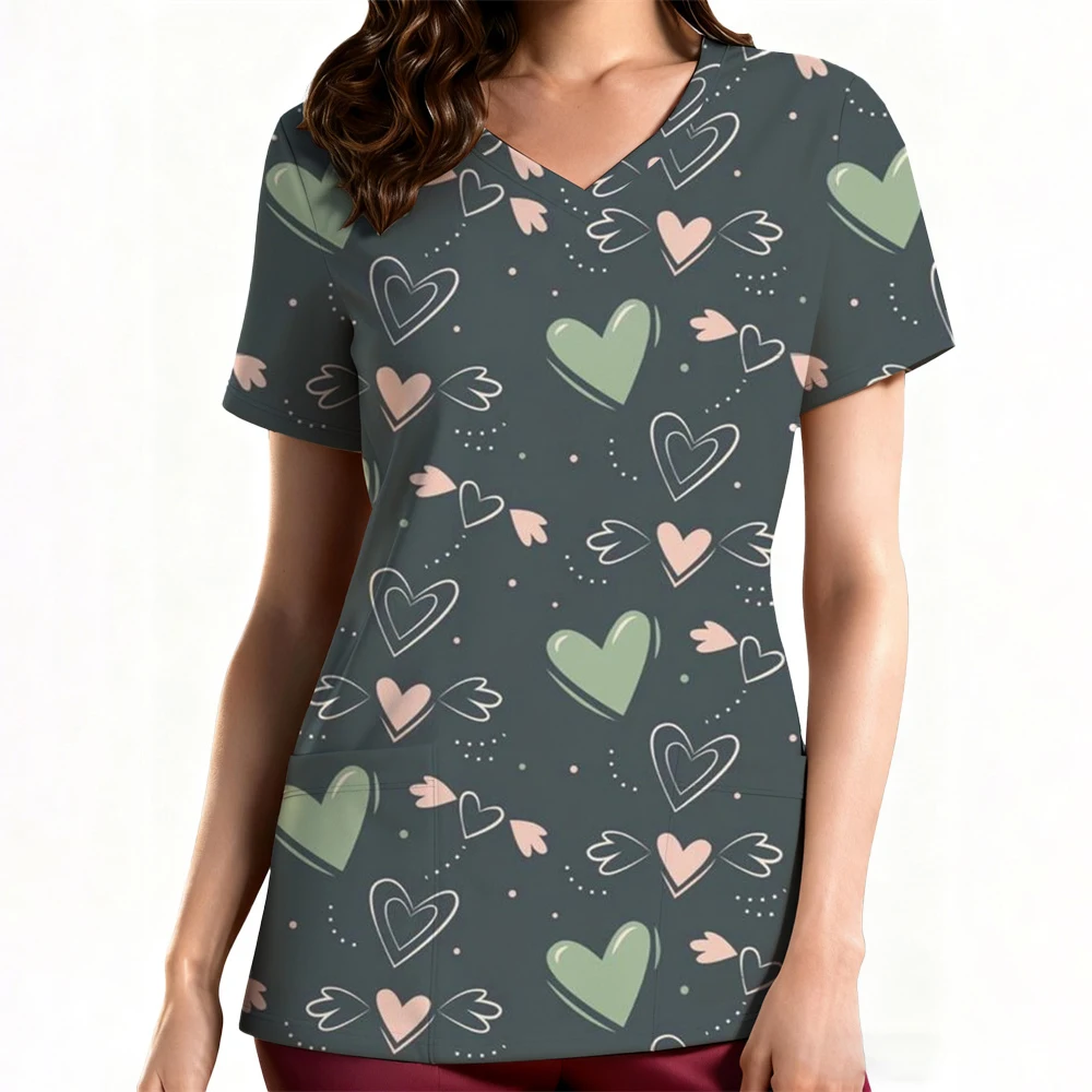 المرأة العمل موحدة ابتسامة القلب طباعة قصيرة الأكمام الخامس الرقبة جيب تصميم القمم الدعك الزي الطبي السريري بلوزة نسائية