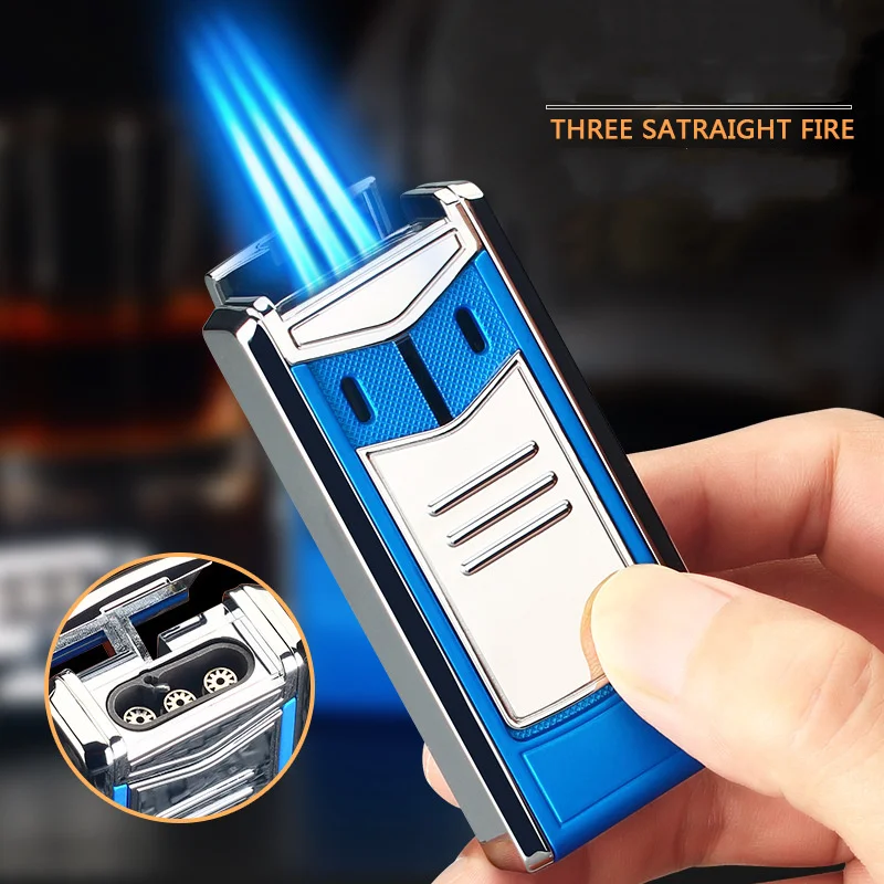 Creative Strong Outdoor Windproof Butane Gas Lighter Blue Flame Straight Jet Metal Turbo Three Torch Cigar Tool Men\'s Gift