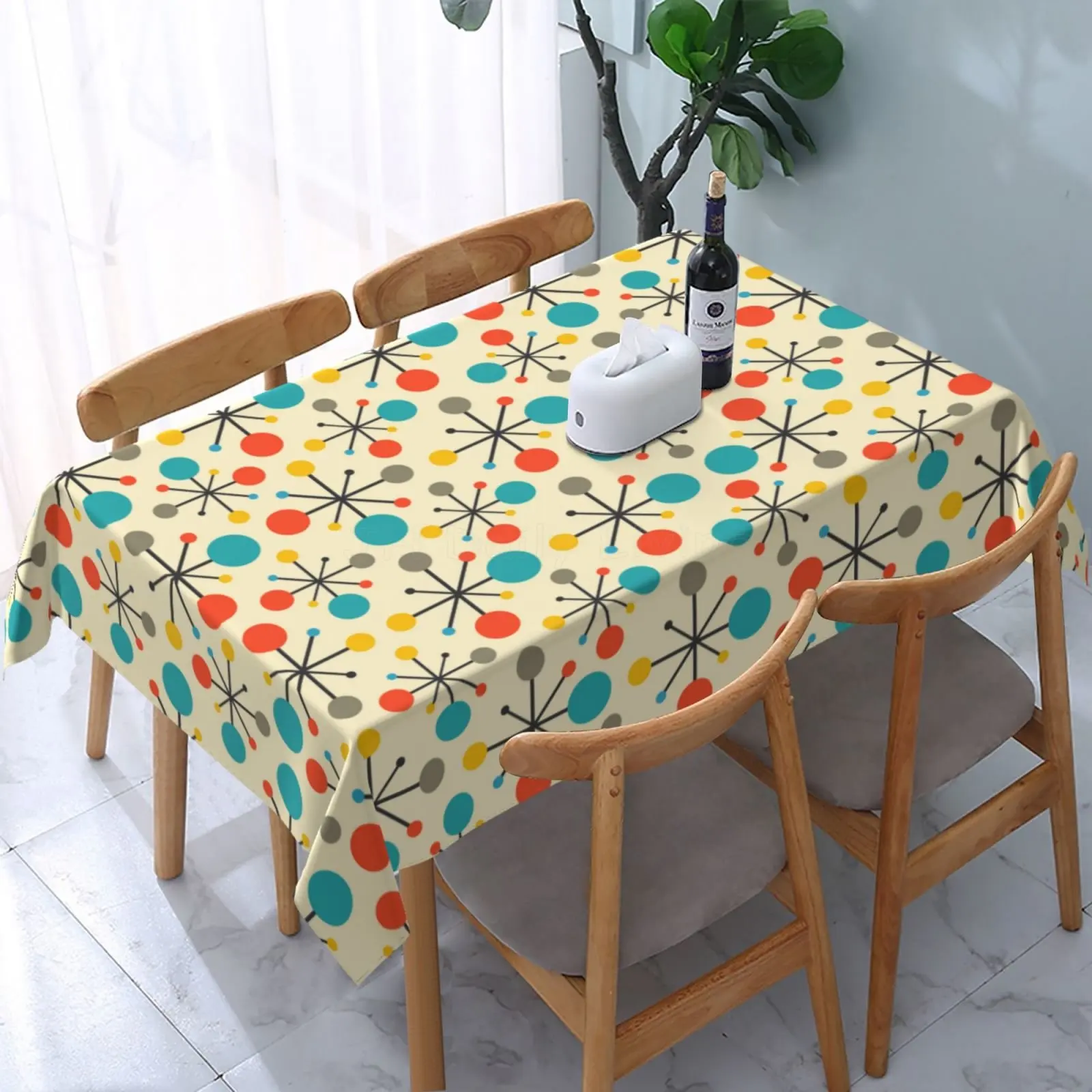 Vintage Eames Era Atomic Abstract Geometric Table Cloth Mid Century Fifties Modern Atomic Retro Colors Tablecloth Waterproof