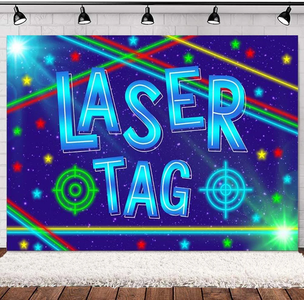 Laser Tag Party Backdrop Neon Colorful Glow In The Starry Sky Battle Guns Birthday Party Banner Background Photo Booth Props