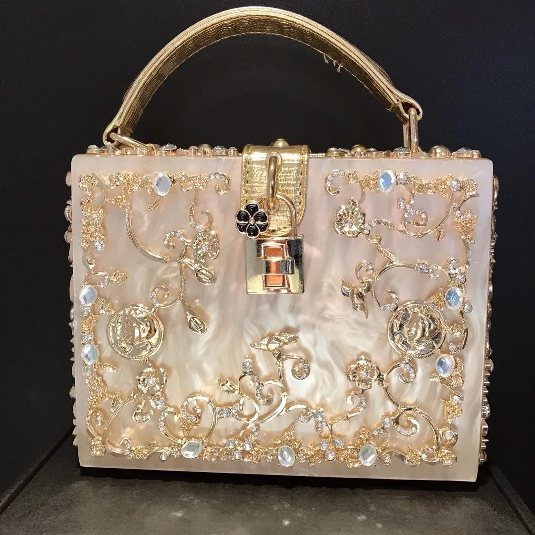 Bolso de noche de cristal de alta calidad para mujer, caja de bolso de mano con diamantes de flores talladas de Metal ahuecado, bolso cruzado de