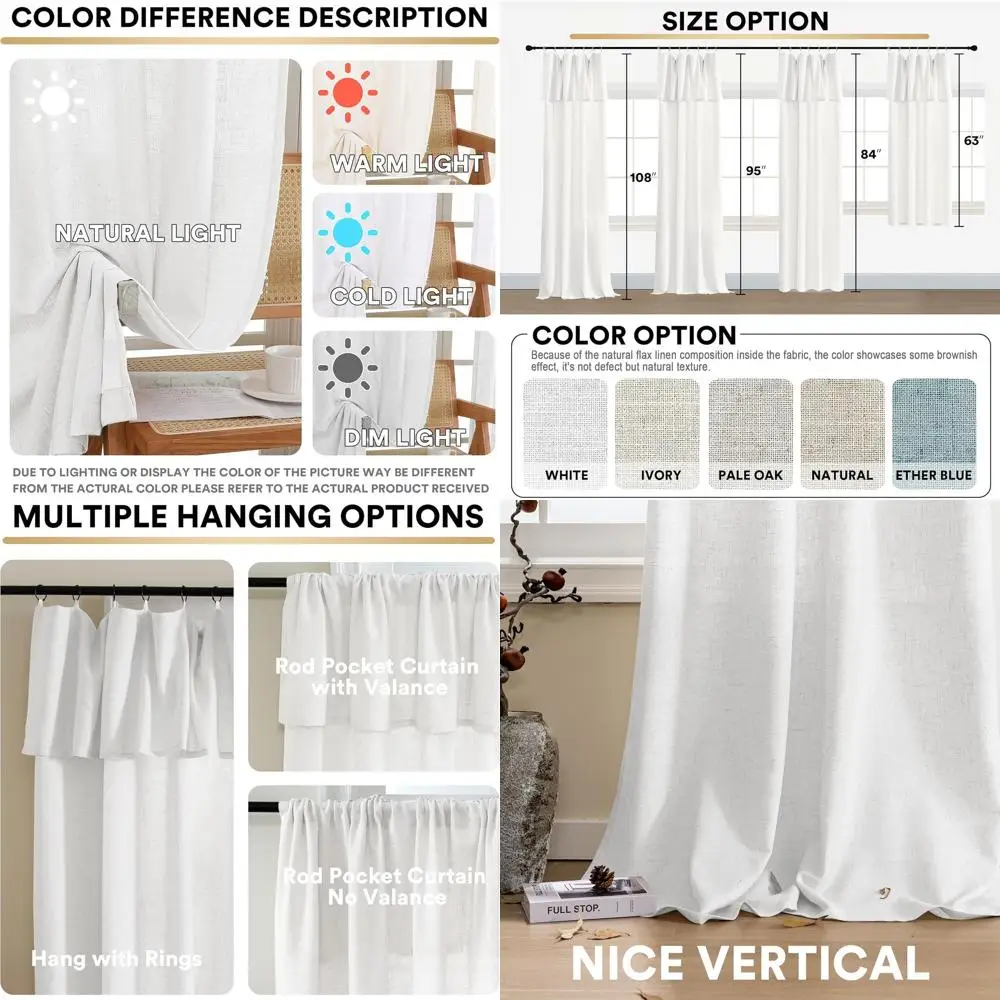 

Белые льняные шторы в фермерском доме 95 с подзором, комплект из 2 панелей для гостиной, конфиденциальность, фильтрация света