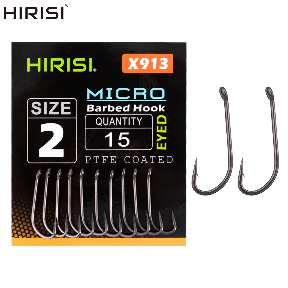 Hirisi 15 Stück PTFE-beschichteter Angelhaken aus Kohlenstoffstahl mit Mikro-Widerhaken und Öse, langer Schaft, X913, Karpfenangeln-Zubehör