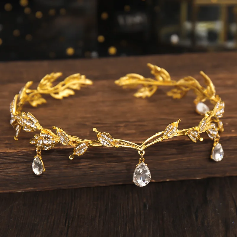 Classic Gold Plated Copper Hairband Headpiece Crown Tiara Headdress Roman Goddess Greek Water Drop Bridal Wedding Jewelry