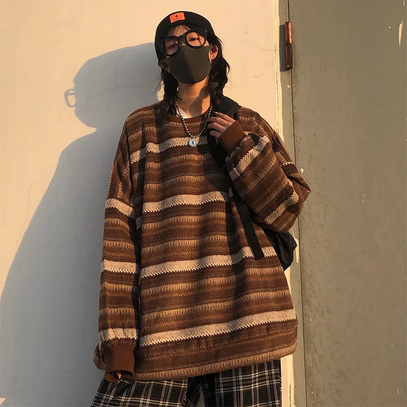 

VOLALO Pullovers Women Men Oversize Sweater Warm Hip Pop Ulzzang BF Unisex Casual Striped Knit Young Girl Fashion Retro Daily