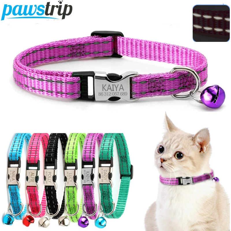 

Personalized Cat Collar with Bell Reflective Cat Safety Buckle Collar Adjustable Puppy Cat Id Tags Anti-Lost Kitten Collar