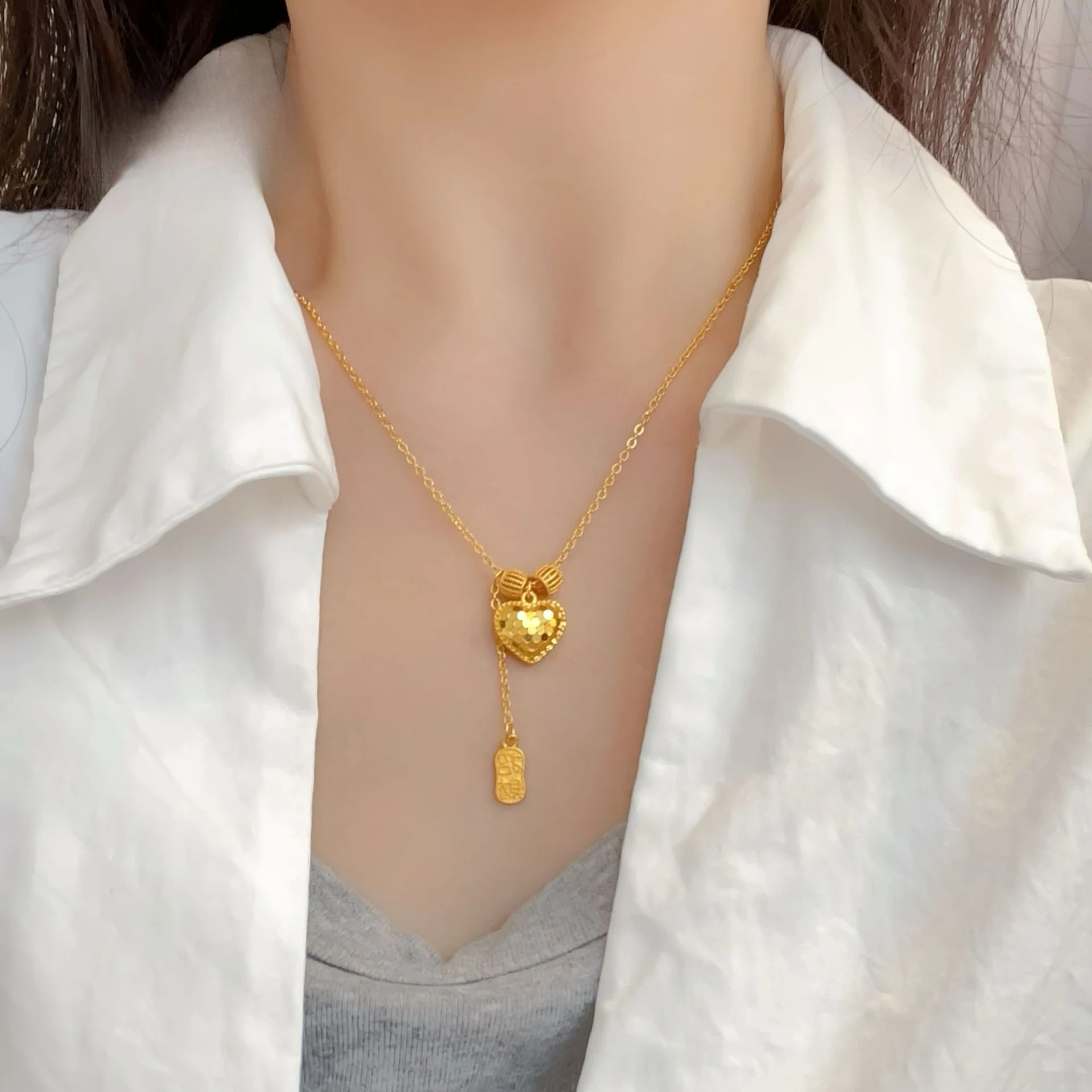 Fine 18 K Gold Color Heart Shape Pendant Necklace for Women Wedding Birthday Not Fade Jewelry Chain Gifts 3