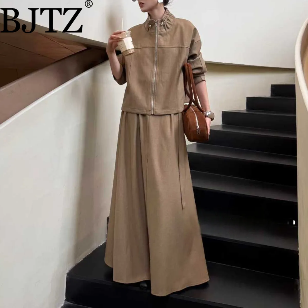 

BJTZ Vintage Casual Two Piece Set For Woman 2025 Spring Autumn New Trendy Stand Collar Zipper Jacket+belt Tie-waist Skirt Sets