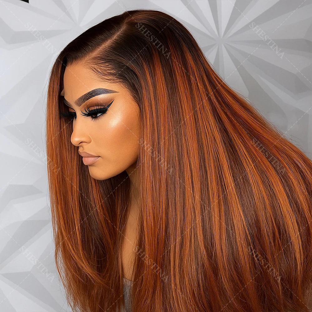 

Простой в установке балаяж # 4/350 Выделите Ombre 5x5 Кружевной передний бесклеевой парик Человеческие волосы Длинные шелковистые прямые рыжие с коричневым париком