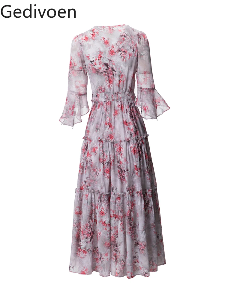 

Gedivoen Summer High Quality Fashion Designer Dress Women V Neck Lace Up Flare Sleeve Flowers Print High Waist Party Midi Dress