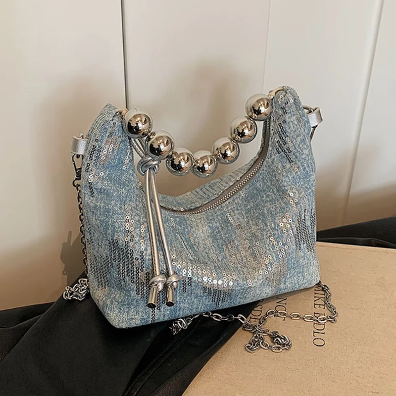 Chains Handbag Women\'s Fashion Beaded Sequins Denim Single Shoulder Crossbody Bag Luxurious Versatile Party Clutch Bags