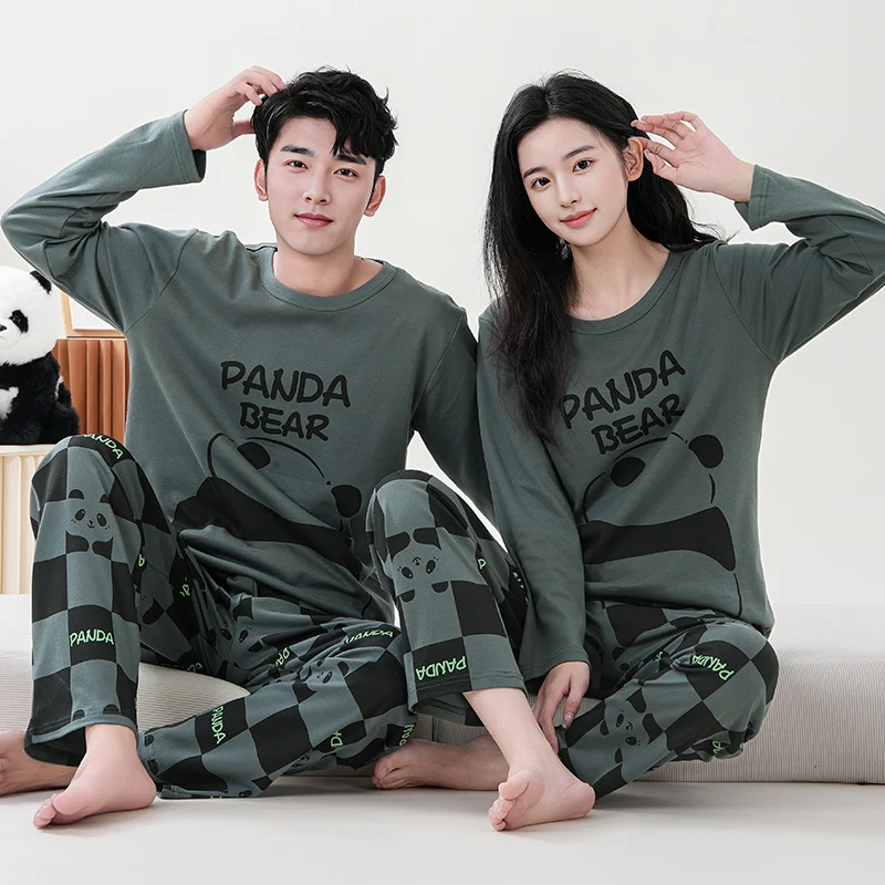 Pajamas For Couples Spring Autumn Animal Panda Comfortable Lady\'s Long Sleeve Cotton Leisure Home Clothes And Nightwear Suit 4XL