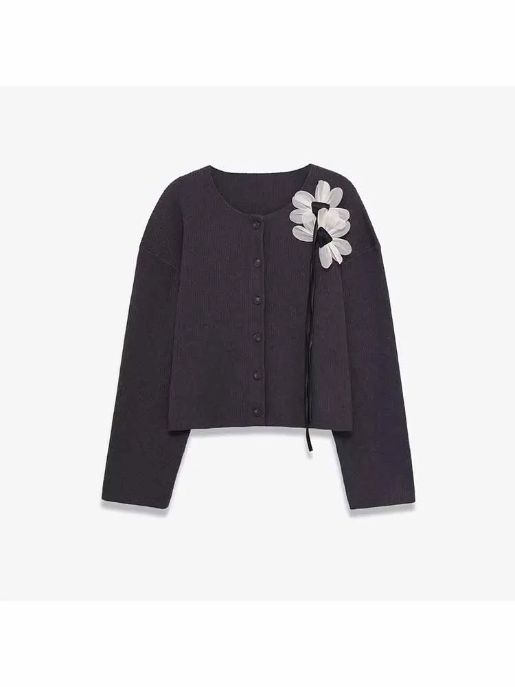 

European and American style autumn/winter new women's round neck long-sleeved color-blocked floral ribbed knit cardigan