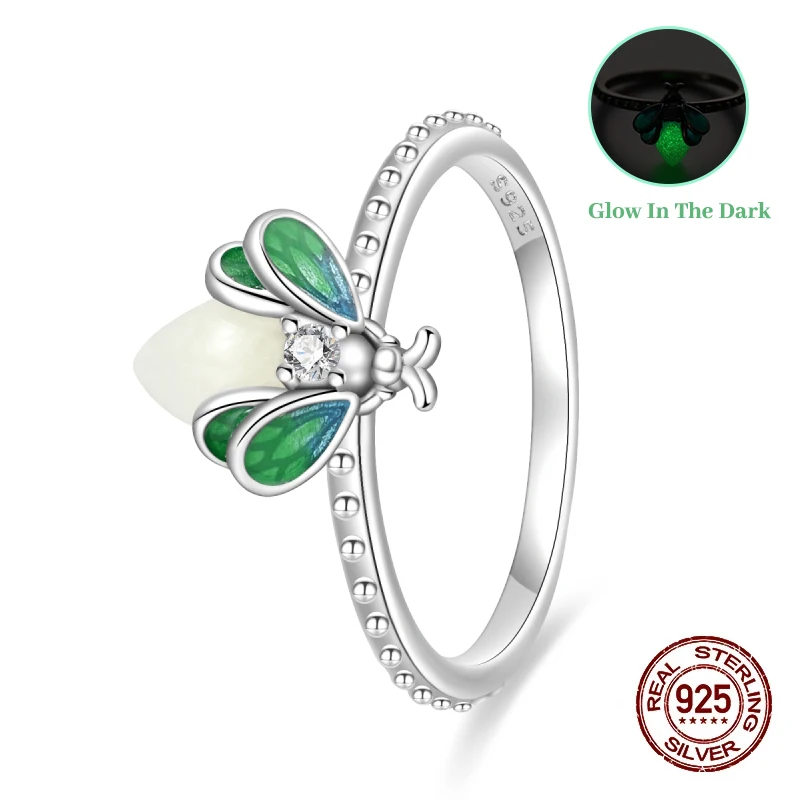 

Rings Original 925 Sterling Silver Rings Shining Green Firefly Glowing Rings Size 7-9 For Women Birthday Jewelry Festival Gifts